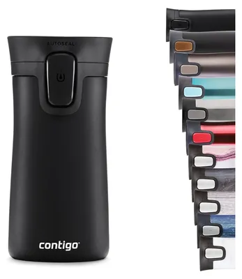 A black Contigo travel mug is shown on the left, with a display of multiple other colored travel mugs on the right.