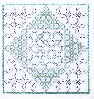 Zdjęcie produktu dla Zestaw do haftu Olympus Hitomezashi Kugurizashi Sashiko "Hana Fukin Drop", tkanina drukowana, 34x34cm, oryginał z Japonii