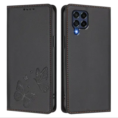 Obrázek produktu pro Kožené pouzdro pro Samsung Galaxy M53 5G, motýlí ražbou, peněženkové flip pouzdro se stojánkem Černá