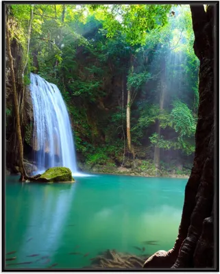 Produktbild von Wallario Wandbild Wasserfall im Wald am See  Idylle in Thailand, Größe: 40,30 x 50,30 cm, Poster mit schwarzem Aluminiumrahmen