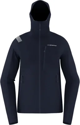Aequilibrium Speed Jacket von La Sportiva; dunkelblaue Softshelljacke für Herren mit Kapuze und Reißverschluss.