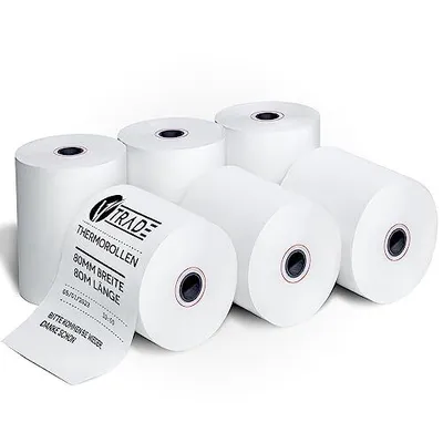 Produktbild von V1 Trade Thermorollen 80mm x 80m x 12mm (6 Stück) – Thermopapier Kassenrollen für Registrierkassen und Bondrucker, 42 g/m²