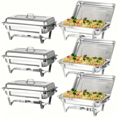 Obrázek produktu pro Ohřívací talíř – ohřívač na bufetu – chafing dish – ohřívací nádoba – rechaud – sada 6 kusů z nerezové oceli – víko s rolovacími okraji