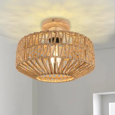 Boho Rattan Deckenleuchte, 1-flammig, handgewebt, Ø30,5 cm, Beige/Braun