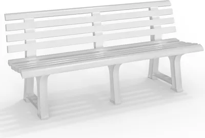 A white plastic garden bench is shown against a white background.