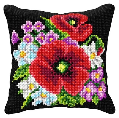 Produktbild von Kreuzstich Stickkissen Set DIY Mohnblumen - Stickset Kissen ab 10 Jahren