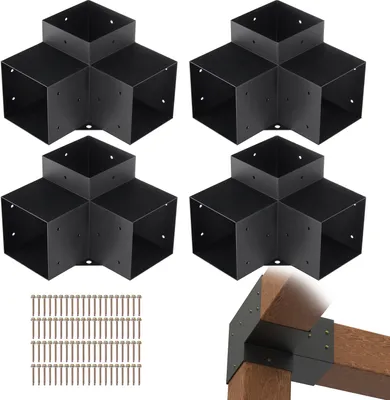 A set of four black metal pergola corner connectors and a pile of screws are displayed against a white background. A close-up of one connector attached to wooden beams is shown in the bottom right corner.