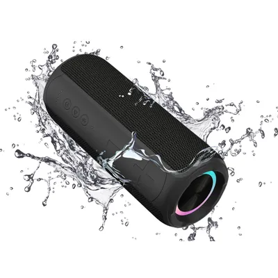 A black Bluetooth speaker is shown with water splashing around it.