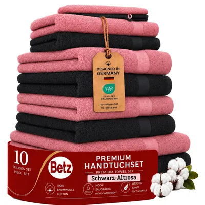 Produktbild von Betz 10-tlg. Handtuch-Set PREMIUM 2 Duschtücher 4 Handtücher 2 Gästetücher 2 Waschhandschuhe Farbe: altrosa und schwarz