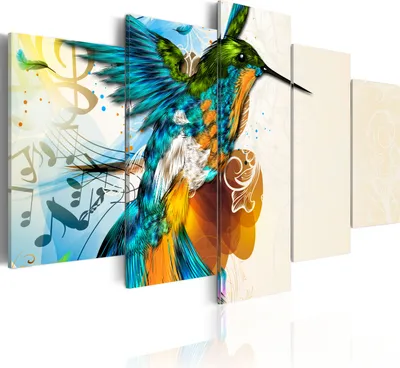Produktbild von Leinwandbilder Abstrakt 200x100 cm Vlies Leinwandbild 5 tlg Kunstdruck modern Wandbilder XXL Wanddekoration Design Wand Bild - Tier Vogel Musik Feder bunt 020101-142