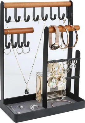 Produktbild von Famanu Schmuckständer mit Ablage - Aufbewahrungsständer für Ketten, Armbänder, Ringe und Uhren - Schwarz