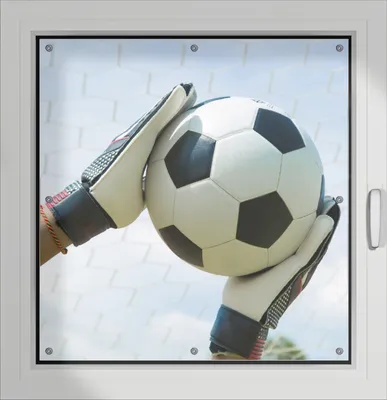 Produktbild von Wallario Lichtschutzbild, Dekorativer Sichtschutz Sonnenschutz 96 x 100 cm mit Motiv: Fußball - Torwart im Tor vor blauem Himmel - Verdunklung ohne Bohren