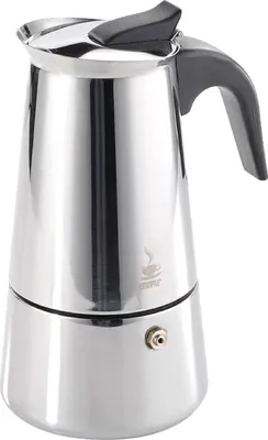 A stainless steel espresso maker on a white background.