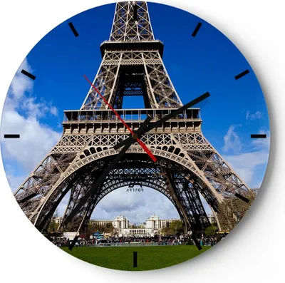 Produktbild von Wanduhr - Rund - Glasuhr - Turm Paris Eiffle - 30x30cm - Schleichendes Uhrwerk - Lautlos - zum Aufhängen bereit - Dekoration Modern - Wanddekoration aus Glas - C3AR30x30-0154