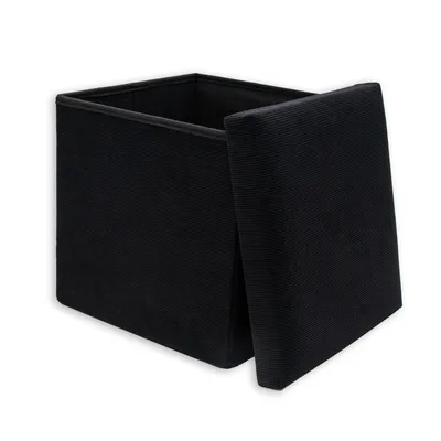 Produktbild von Intirilife Faltbarer Sitzhocker 38 x 38 x 38 cm in SCHWARZ - Sitzwürfel mit Stauraum und Deckel aus Stoff in Cord Optik - Sitzcube Fußablage Aufbewahrungsbox Truhe Sitzbank