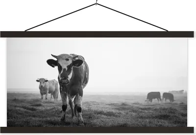 Produktbild von MuchoWow® Textilposter Kühe im Morgennebel schwarz-weiß Foto 60x30 cm mit schwarzem Rahmen - Textilien