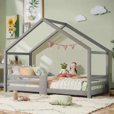 Image de （90×200cm，Gris）Sauvegarde Lit d'enfant Lit de maison avec cheminée Lit simple Lit au sol Lit en pin avec clôture et sommier à lattes pour enfants garçons filles