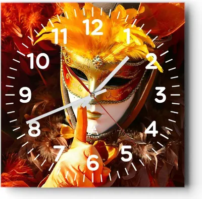Produktbild von Wanduhr - Quadrat - Glasuhr - Venezianische Maske bunt Karneval - 30x30cm - Schleichendes Uhrwerk - Lautlos - zum Aufhängen bereit - Dekoration Modern - Wanddekoration aus Glas - C4AC30x30-0420