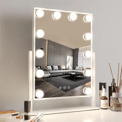 Produktbild von ZELURXX Spiegel, mit 12 LED, 3 Farbmodi, Touchscreen, 360° Drehbarer, Schminkspiegel mit Beleuchtung, für Schminken, Schlafzimmer, 35,5 x 47 cm, Weiß