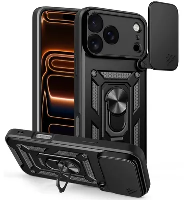 Obrázek produktu pro Pouzdro pro iPhone 17 Pro Max, TPU Nárazník Silikonové Pouzdro s Kroužkem Stojánek, Ochrana Kamery Černý