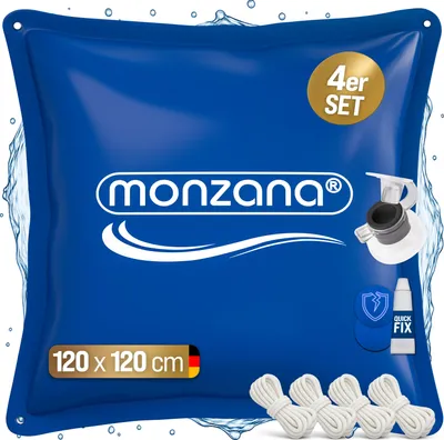 The image shows the packaging of a set of pool cushions, with water splashes around the edges.