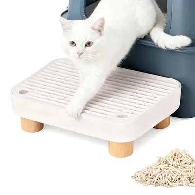 Produktbild von Abnehmbare Katzenstreu Trettmatte, Doppelschicht Auslaufschutz‑Tablett mit Holzfüßen, waschbares Katzenklo Zubehör gegen verstreutes Streu