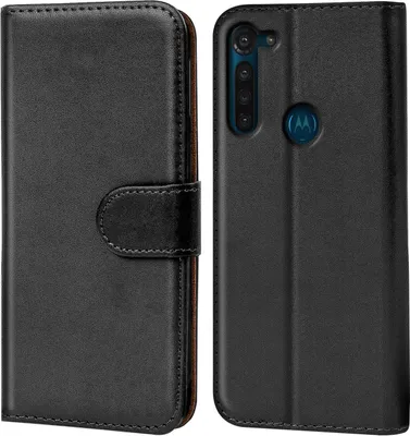 A black flip case for a smartphone is shown, with the phone inserted in the right half of the image.