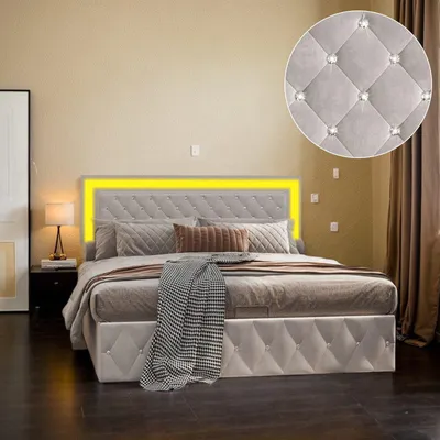 Zdjęcie produktu dla Łóżko tapicerowane Fortuna Lai 140x200 cm z oświetleniem LED, hydrauliczną podstawą łóżka, stelażem listwowym i zagłówkiem o regulowanej wysokości, łóżko z aksamitnym wzorem