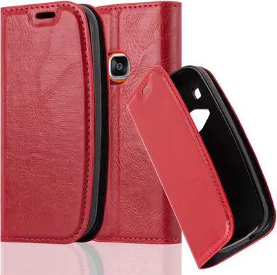 A red flip case for a mobile phone is shown, with the phone partially inserted into the case.