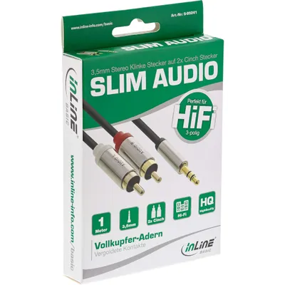 Produktbild von InLine Basic Slim Audio Kabel Klinke 3,5mm ST an 2x Cinch ST, 1m, 3.5mm, Stecker, 2 x RCA, Stecker, 1 m, Schwarz, Silber