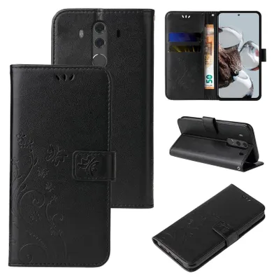 A collage of images showing a black floral flip phone case from different angles, including one with a phone inserted and another showing the case in a stand position.