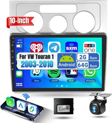Immagine prodotto di Autoradio 2 Din da 10,1 pollici per VW Touran 1 (2003-2010), con Carplay e Android Auto wireless, sistema operativo Android 13, Bluetooth, WiFi, GPS, HiFi, RDS/FM e supporto AHD. Disponibile nelle versioni 2G e 64G