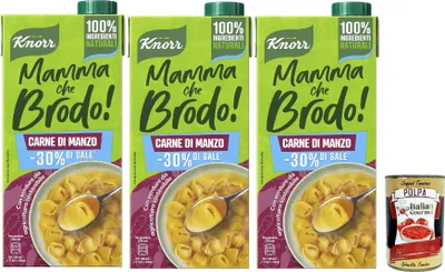 Produktbild von Knorr Mamma Che Brodo! Carne di Manzo, Fertigbrühe mit -30%* Salz, 100% natürliche Zutaten, Gemüse aus nachhaltiger Landwirtschaft, Gluten-,3x 1Lt + Italian Gourmet polpa 400g