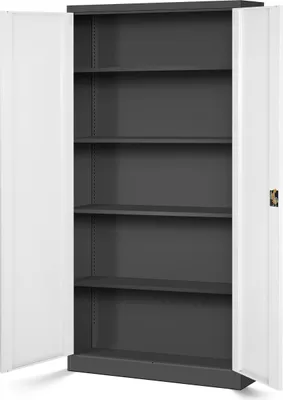An empty, open metal cabinet with multiple shelves.