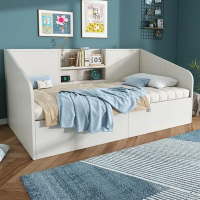 Immagine prodotto di okwish divano letto 90x200 con angoli arrotondati e tre porte USB, letto per ragazzi con 2 ripiani e rete, bianco (senza materasso)