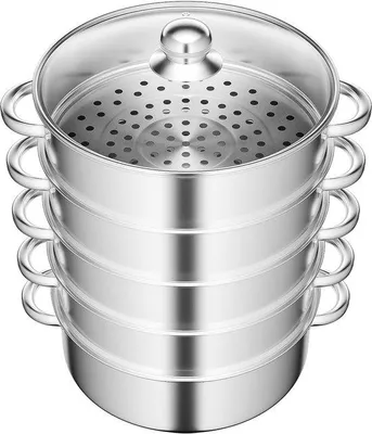 Produktbild von Famanu Dampfgarer mit Glasdeckel - 5 Etagen, Edelstahl, 28 cm