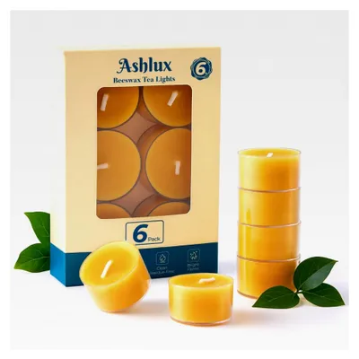 Produktbild von Bienenwachskerzen – 6 Stück, 100% reines Bienenwachs Teelichter, 6 Stunden Brenndauer, rauchfrei und tropffrei, gelb, für Hochzeit, Party und Zuhause