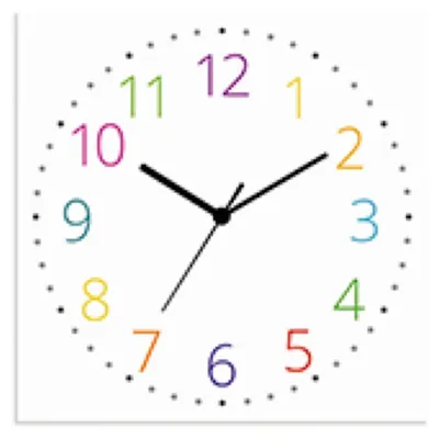 A close-up view of a colorful analog clock face with black hands.
