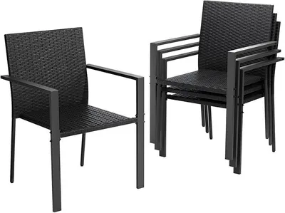 Imagen del producto de Juego de 4 sillas de jardín apilables, sillas de polirratán para jardín con reposabrazos, estructura de acero resistente, sillón de ratán resistente a la intemperie. Sillas de ratán para balcón, ideales para balcón o terraza, color