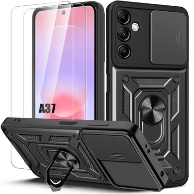 Image de Coque + 2 Verres Trempés pour Samsung Galaxy A37 5G, Antichoc avec Anneau et Protection Caméra Noir