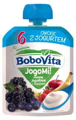 Zdjęcie produktu dla BoboVita JogoMi! Owoce z jogurtem owoce jagodowe z bananem po 6 miesiącu 80 g