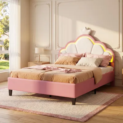 Produktbild von INONEFT Polsterbett 140x200cm mit Verstellbarem Kopfteil, Doppelbett Kinderbett mit LED, Prinzessinnenbett für Mädchen, bett mit Lattenrost,Samt, Rosa