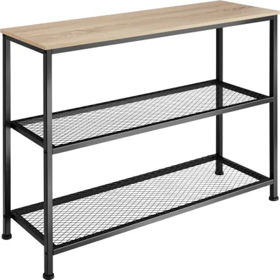 A console table with a wooden top and two metal mesh shelves, shown against a white background.