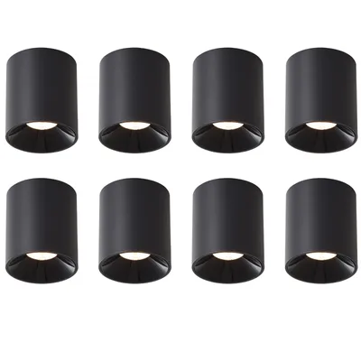 Eight black cylindrical LED ceiling lights arranged in two rows of four against a white background.