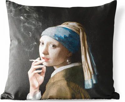 Produktbild von MuchoWow® Outdoor Kissen - Das Mädchen mit dem Perlenohrring - Vermeer - Rauchen - 45x45 cm - Wetterfest - Lounge Kissen - Fotokissen - Dekoratives Kissen