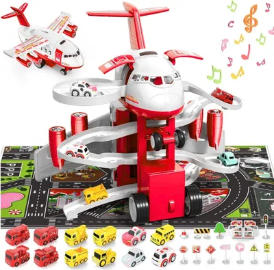 Produktbild von Spielzeug-Flugzeug mit 12 Stadtautos & Rennstrecke Rennbahn Auto Spielzeug für Kinder Das beste Geschenk für Kinder ab 3 Jahren, Fahrzeug- und Flugzeugspielzeugset, komfortable & e