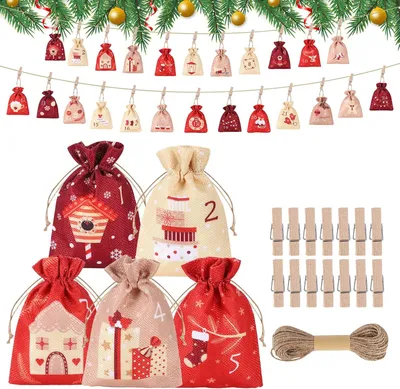 Imagen del producto de Calendario de adviento navideño, bolsas para 2022, 24 días, de yute. Calendario de adviento colgante, guirnalda, manualidades navideñas, cuenta regresiva para Navidad