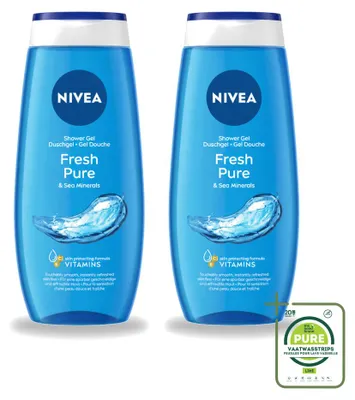 Immagine prodotto di 2 flaconi di gel doccia Nivea Fresh Pure, 250 ml ciascuno, confezione grande, 2 pezzi