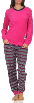 Produktbild von Damen Frottee Pyjama Schlafanzug langarm mit Bündchen und süsser Bär-Applikation 20113777 ; pink , 40/42