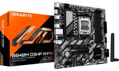 Produktbild von GIGABYTE B840M D3HP WIFI6E Mainboard – AMD Ryzen 9000 CPUs, 8+2+2-Phasen-VRM, bis zu 8200 MHz DDR5 (O.C.), 2× PCIe-4.0-M.2, Wi-Fi 6E, 1-GbE-LAN, USB 3.2 Gen 2, AMD, Sockel AM5, AMD Ryzen 7000 Series, AMD Ryzen 8000 Series, AMD Ryzen 9000 Series, Sockel AM5, DDR5-SDRAM, 256 GB